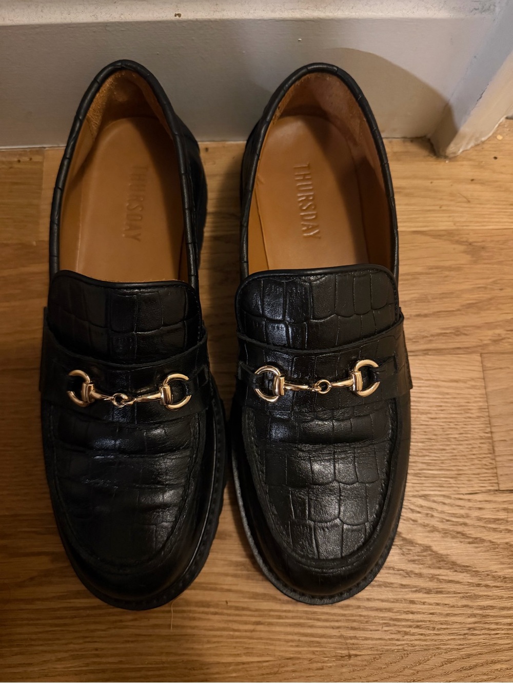 Thursday Boot Company Black Croc-Embossed Loafers with Gold Bit